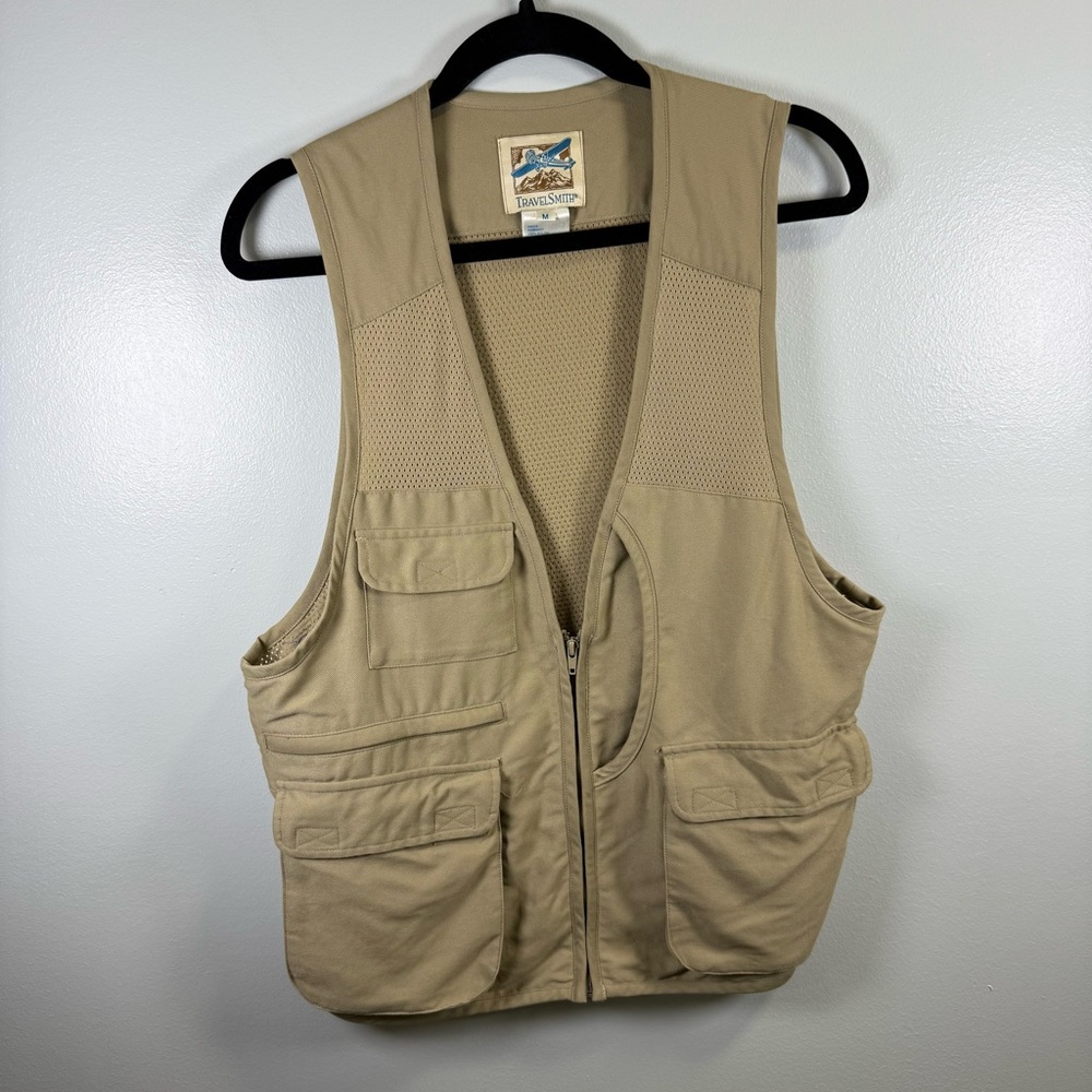 TravelSmith Mens Khaki Nylon Multi Pocket Mesh Back Utility Safari Travel Vest M